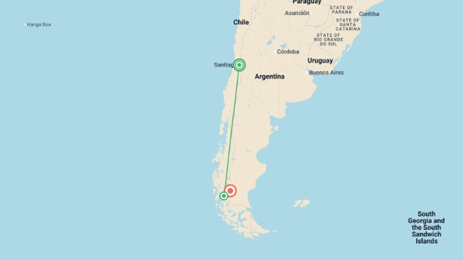 A map showing the tour itinerary for the trip: Patagonian Adventure, starting in Santiago, Chile and ending in El Calafate, Argentina going through 1 other destinations.