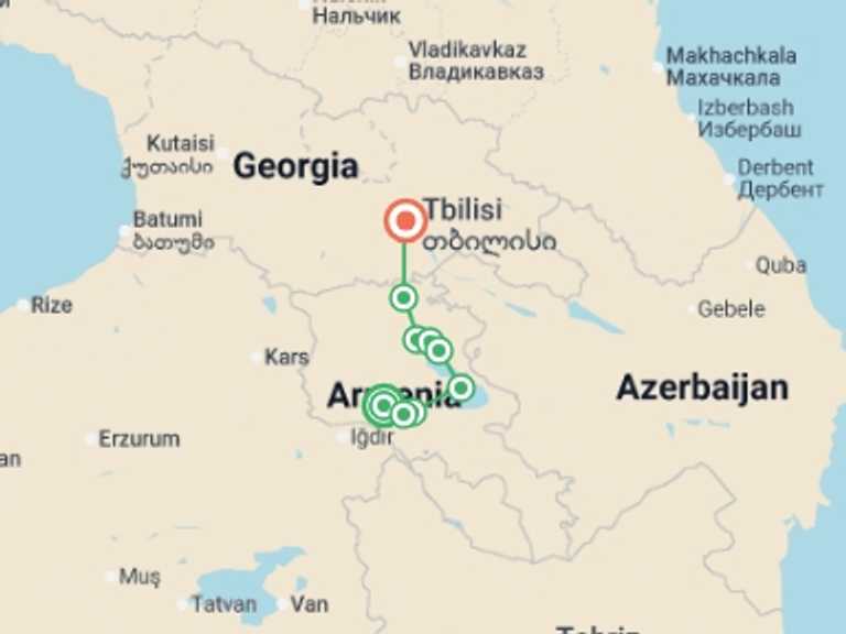 Map itinerary of Tbilisi Tour in Spring with 7 destination visits for the trip: Transcaucasian Trail Hike Armenia