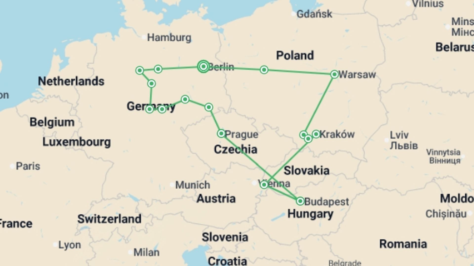 A map showing the tour itinerary for the trip: Berlin, Prague, Budapest, and the Best of Poland, starting in Berlin, Germany and ending in Berlin, Germany going through 7 other destinations.