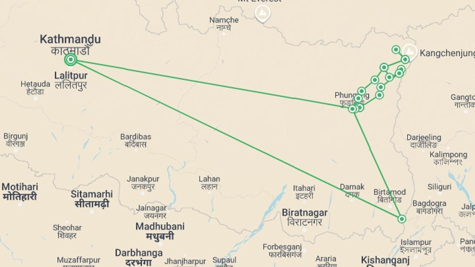 A map showing the tour itinerary for the trip: Kanchenjunga Circuit Trek, starting in Kathmandu, Nepal and ending in Kathmandu, Nepal going through 16 other destinations.