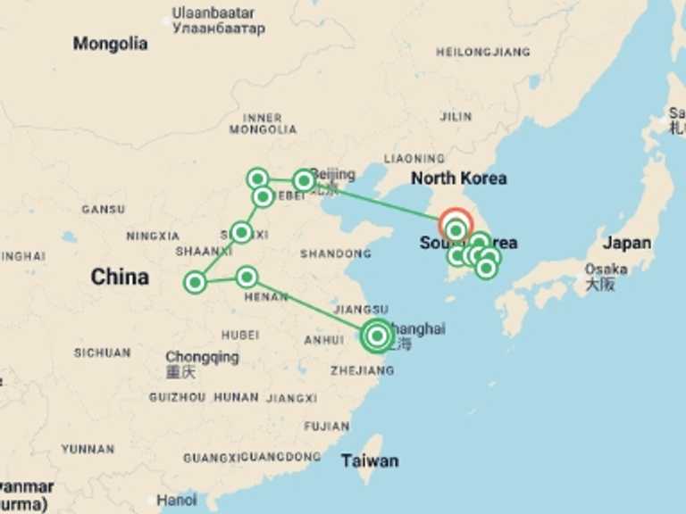 Map of Beijing Tour with 11 destination visits for the trip: Wonders of China and Complete Korea