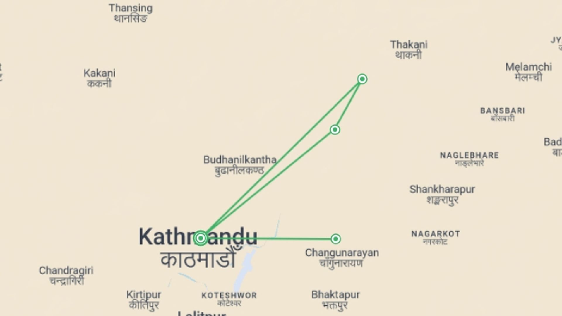 A map showing the tour itinerary for the trip: Chisapani to Nagarkot Trek, starting in Kathmandu, Nepal and ending in Kathmandu, Nepal going through 1 other destinations.