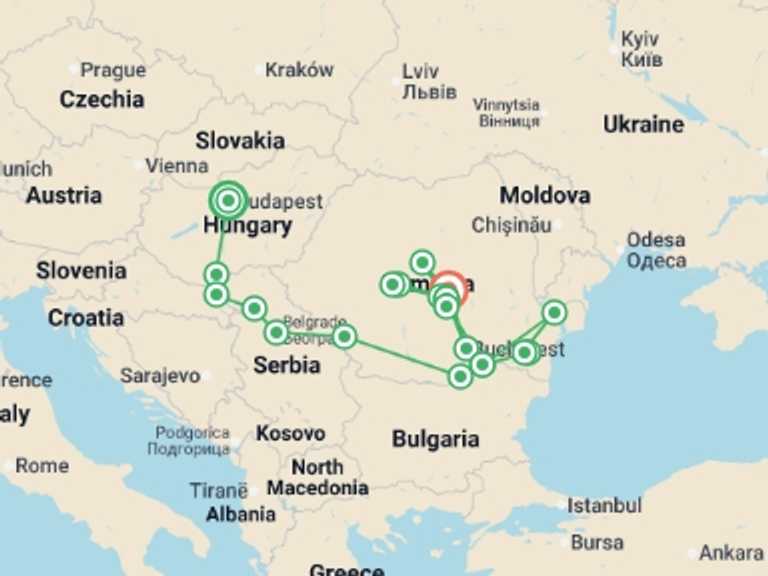 Map of Europe Tour with 11 destination visits for the trip: Along the river Danube, Budapest and the Balkan peninsula (port-to-port cruise)