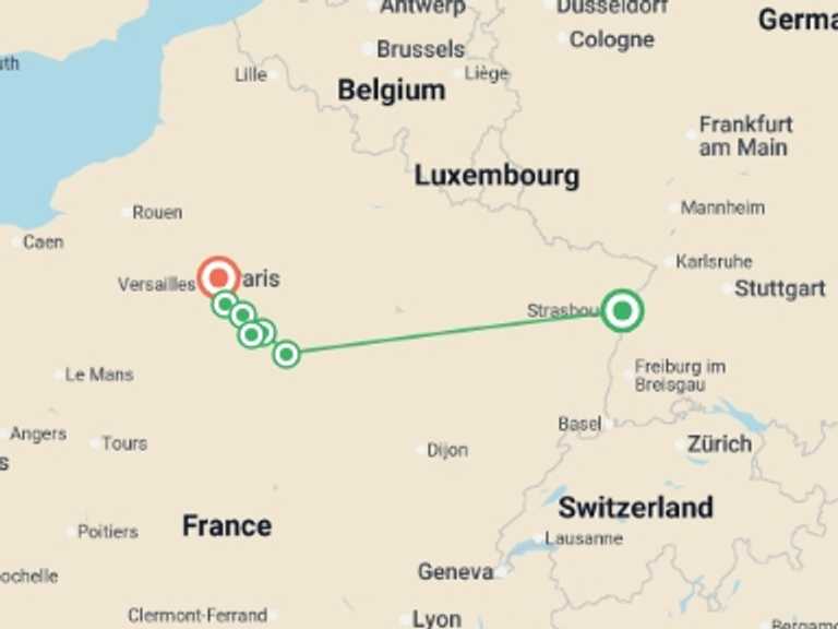 Map of Paris Tour with 2 destination visits for the trip: Revisit France's Past, its Royal Sites, and Medieval Cities during a Historic Cruise on the Petite Seine (port-to-port cruise)