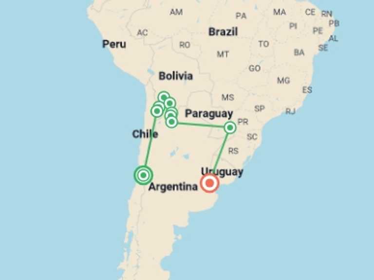 Map itinerary of South America Tour in November 2026 with 10 destination visits for the trip: Andean Discovery - 18 days