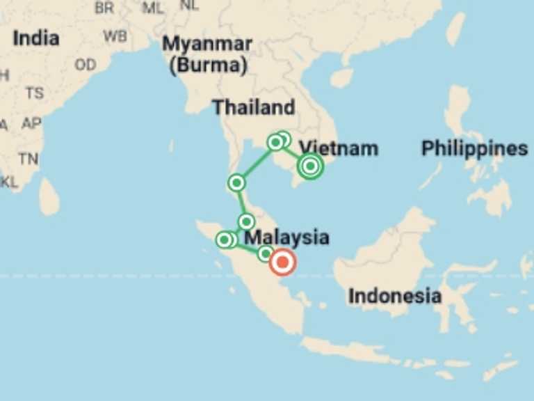 Map itinerary of Ho Chi Minh City Tour in August 2026 with 9 destination visits for the trip: HO CHI MINH CITY TO SINGAPORE (44 days) South East