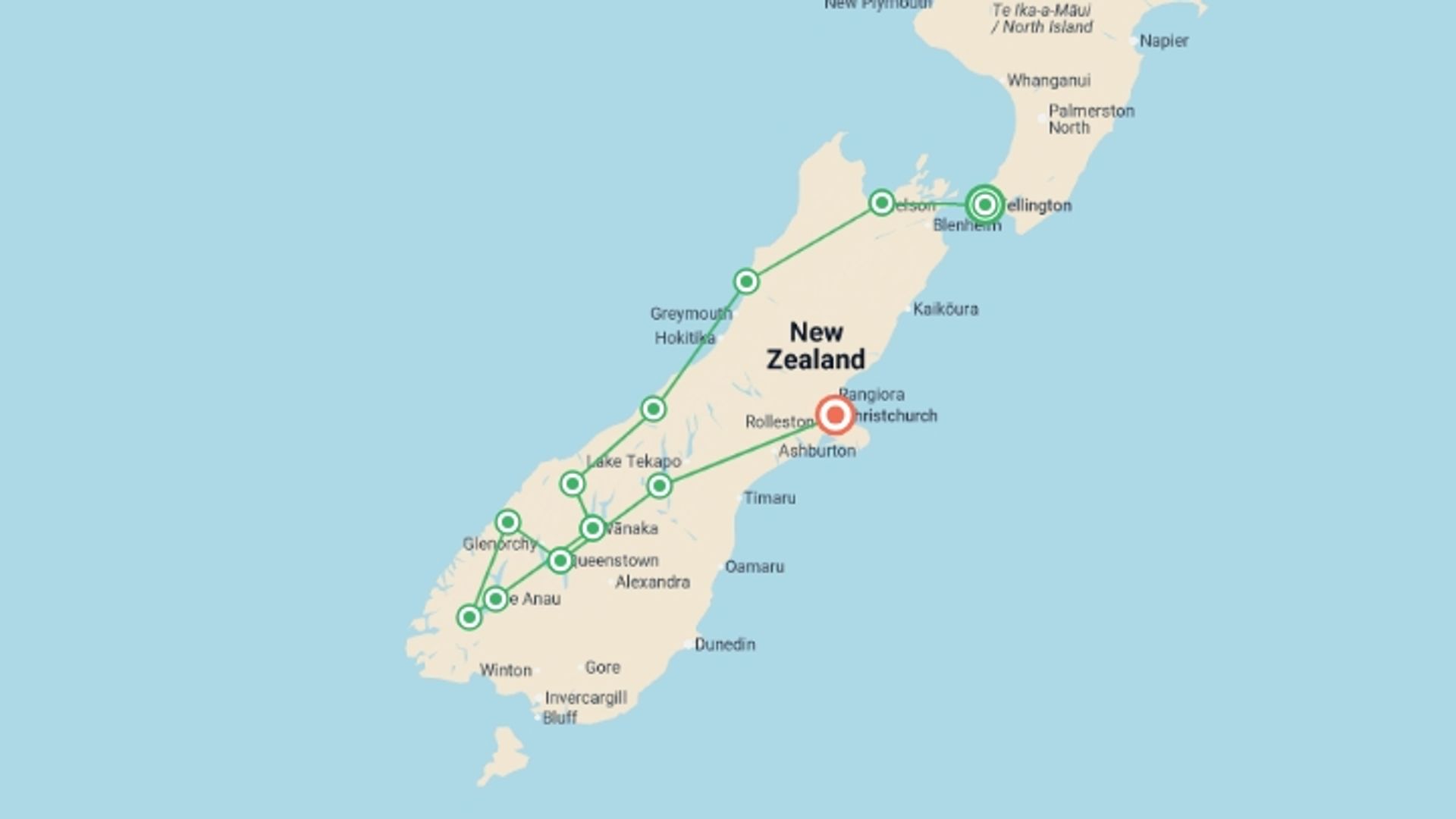A map showing the tour itinerary for the trip: Wellington & South Island - 14 days, starting in Wellington, New Zealand and ending in Christchurch, New Zealand going through 7 other destinations.