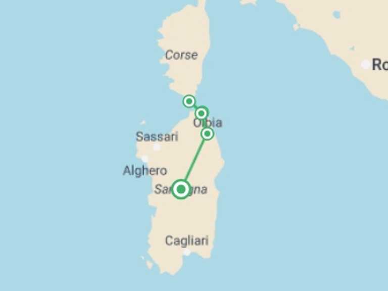 Map of a Sailing, yachting and motor boating Tour with 5 destination visits for the trip: Sardinia & Corsica Sailing Adventure