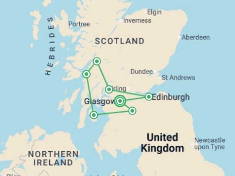 Map of 8-Day Scotland Tour with 4 destination visits for the trip: Scotland: Lochs and Landscapes