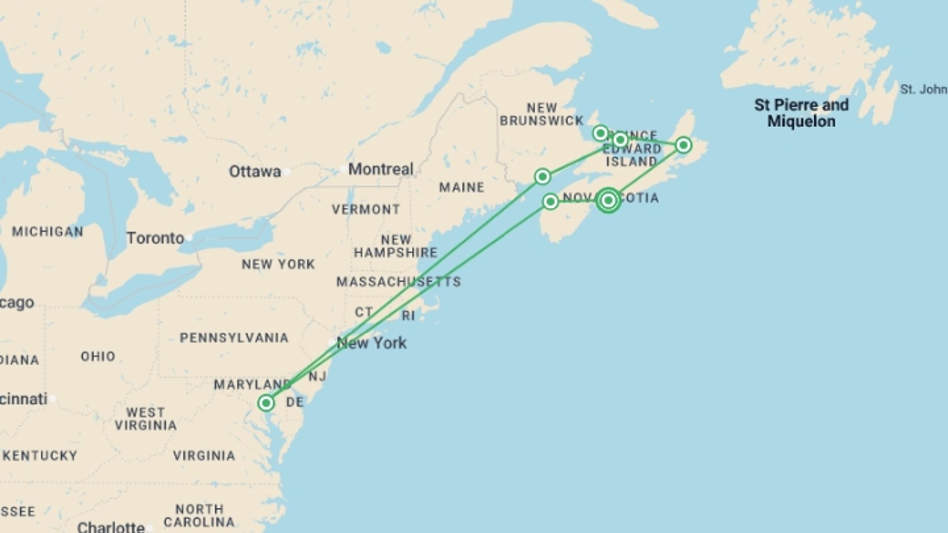 A map showing the tour itinerary for the trip: Coastal Treasures of the Canadian Maritimes, starting in Halifax, Canada and ending in Halifax, Canada going through 6 other destinations.
