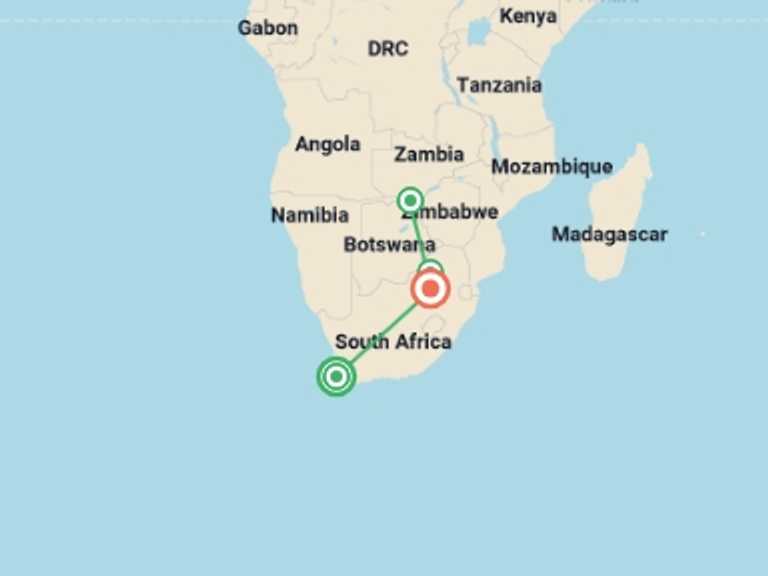 Map itinerary of Africa Tour in March 2027 with 4 destination visits for the trip: Icons of Southern Africa
