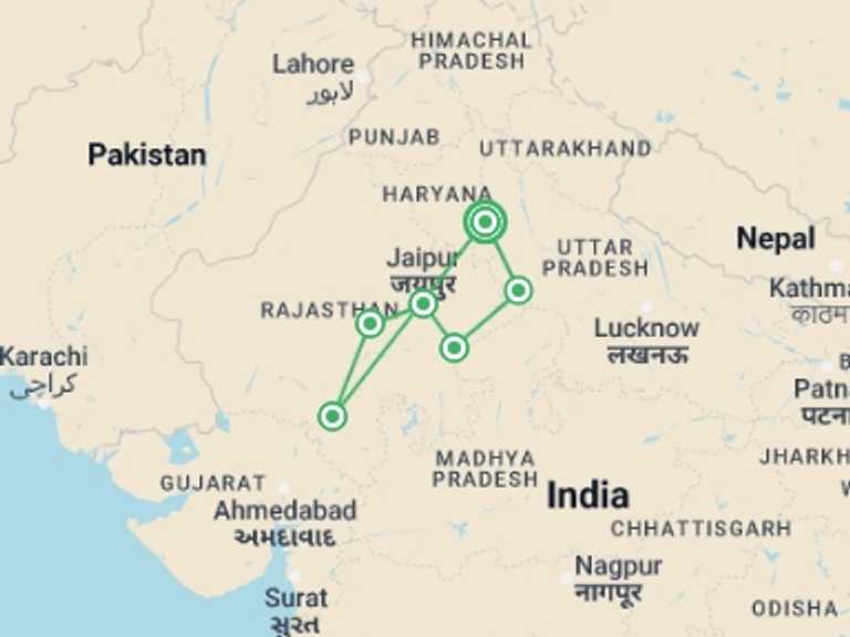 Map of 13-Day India Tour with 6 destination visits for the trip: India Uncovered