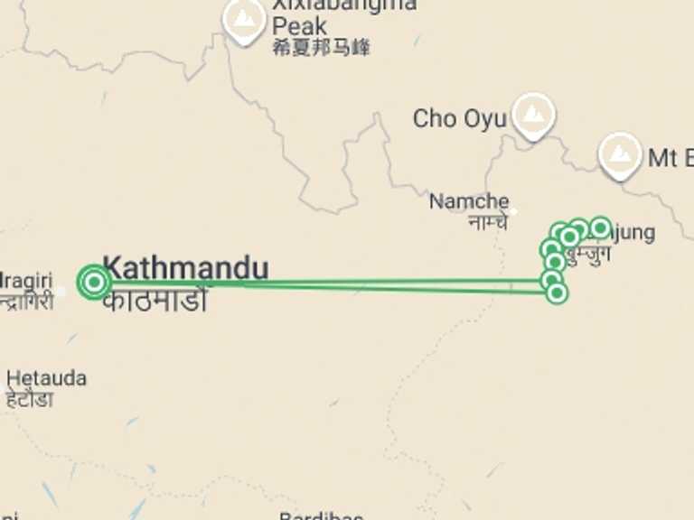 Map itinerary of Asia Tour in December 2026 with 10 destination visits for the trip: Everest Family Trek in Comfort