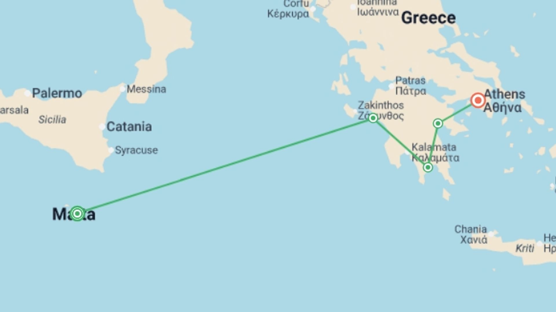 A map showing the tour itinerary for the trip: Mediterranean Wonders from Malta to Ancient Greece (port-to-port cruise), starting in Valletta, Malta and ending in Athens, Greece going through 3 other destinations.