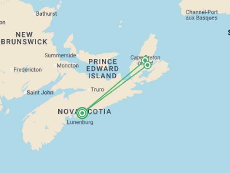 Map itinerary of Canada Tour in October 2026 with 3 destination visits for the trip: Captivating Cape Breton Island - 5 days