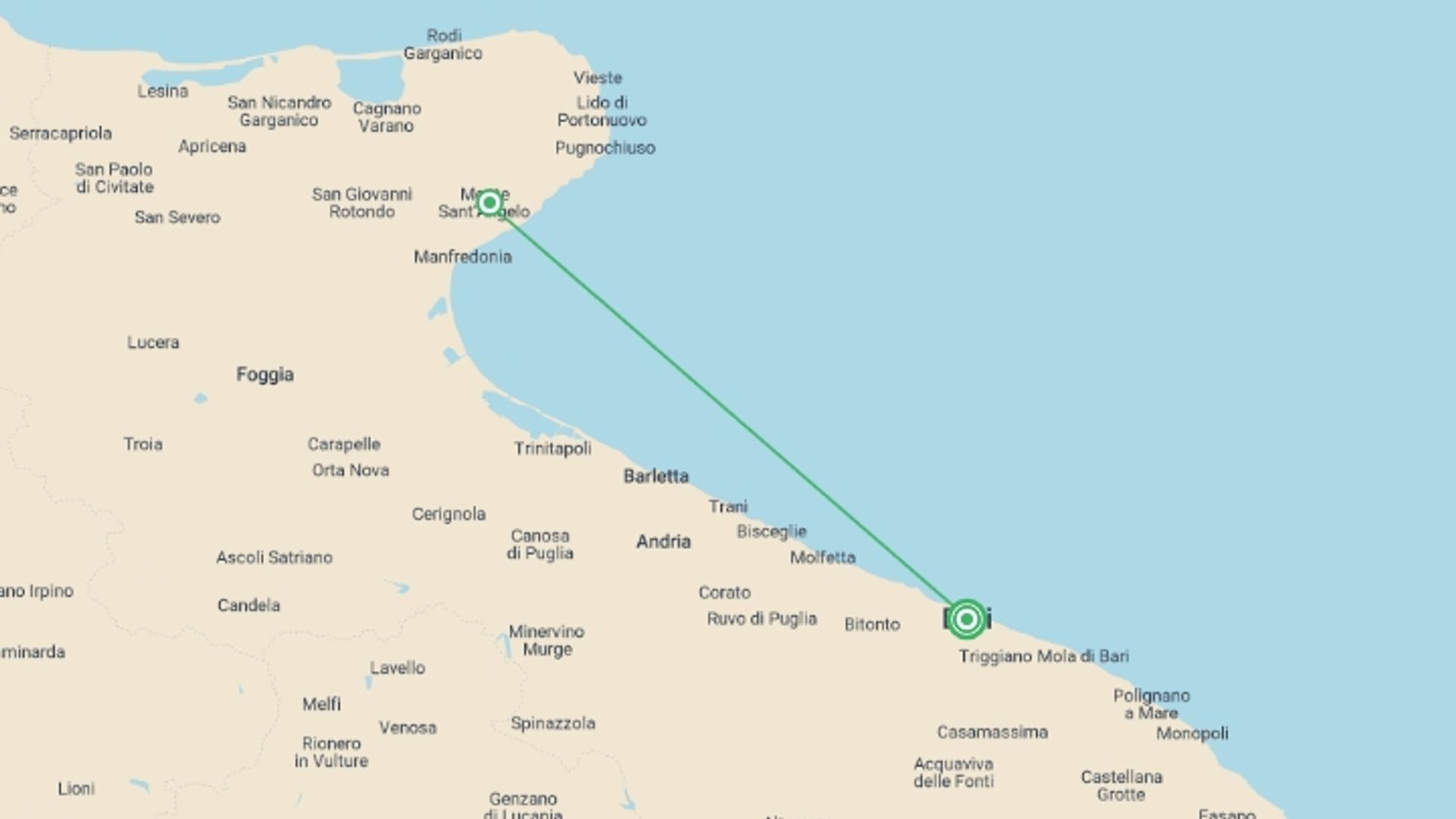 A map showing the tour itinerary for the trip: Puglia Panorama, starting in Bari, Italy and ending in Bari, Italy going through 1 other destinations.