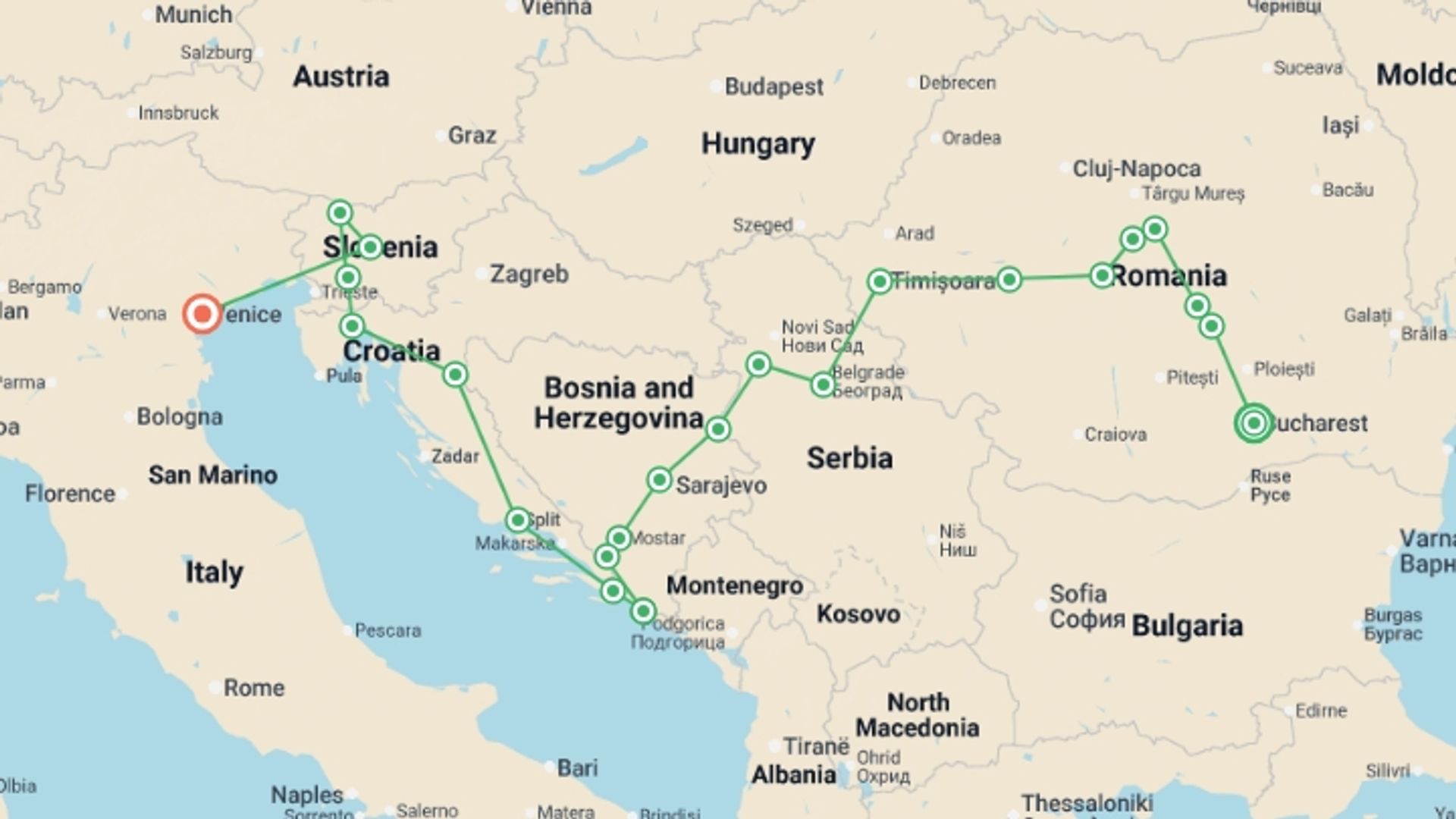 A map showing the tour itinerary for the trip: Amazing Balkans, starting in Bucharest, Romania and ending in Venice, Italy going through 8 other destinations.