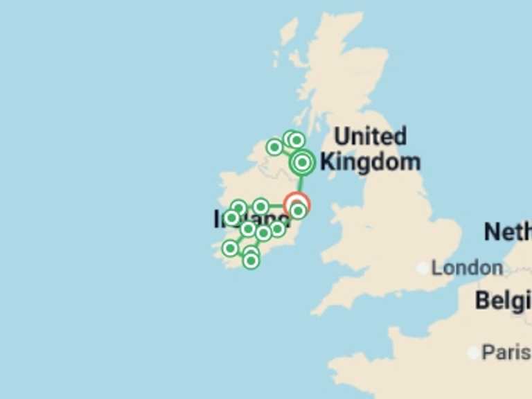 Map itinerary of Europe Tour in May 2026 with 6 destination visits for the trip: Emerald Isle Route