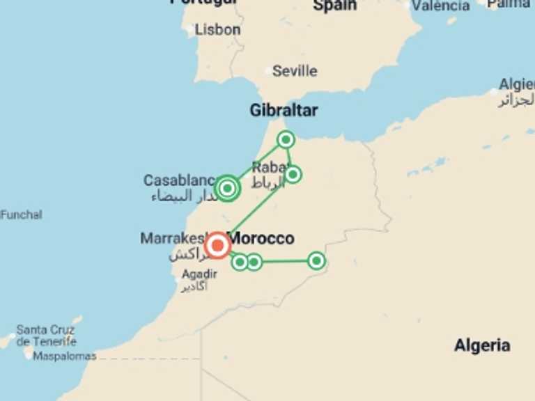 Map itinerary of Africa Tour in October 2026 with 8 destination visits for the trip: Morocco: Markets & Mountains