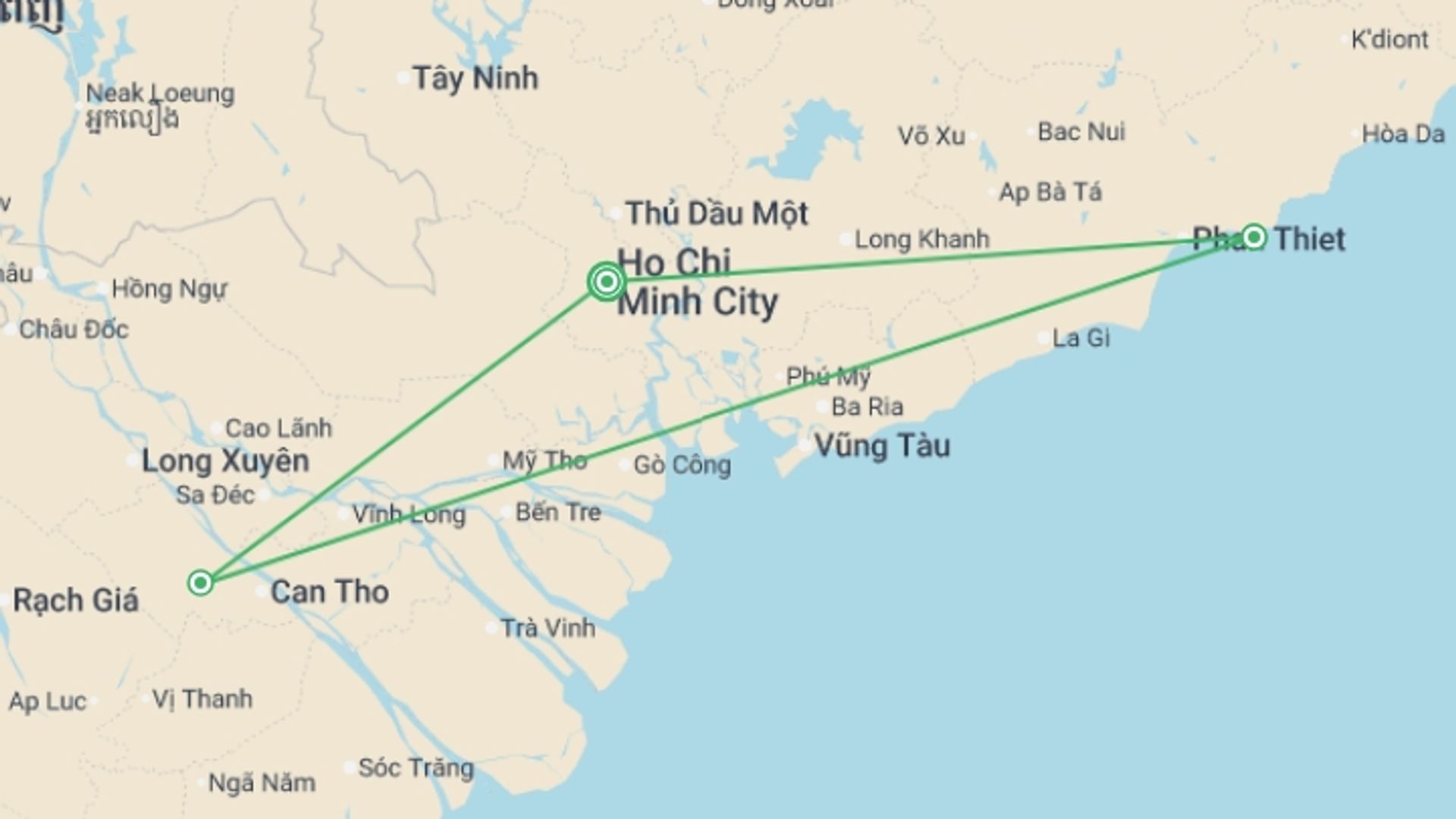 A map showing the tour itinerary for the trip: Saigon, Mekong & Mui Ne Beach (Deluxe) - 8 days , starting in Ho Chi Minh City, Vietnam and ending in Ho Chi Minh City, Vietnam going through 2 other destinations.