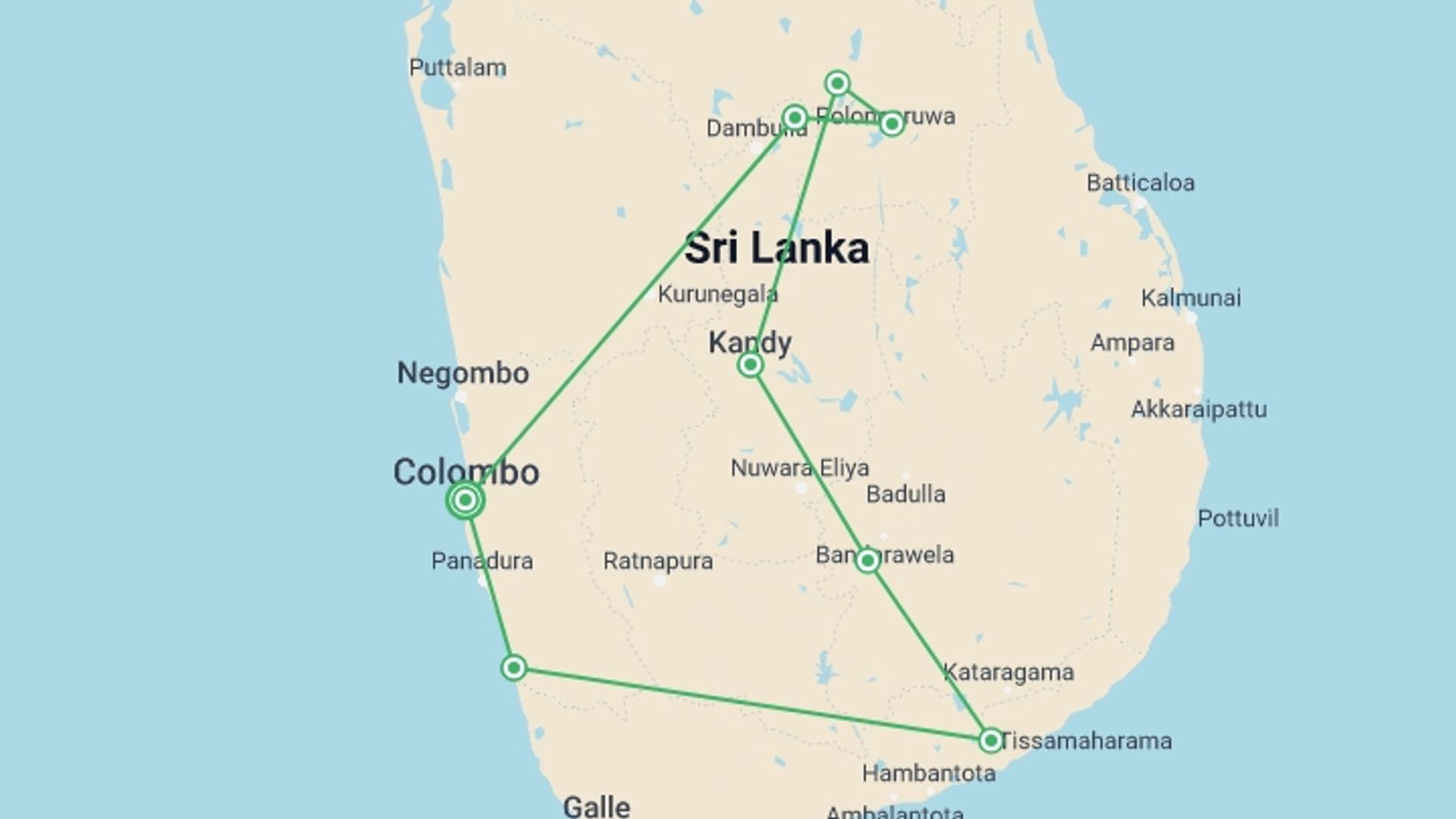 A map showing the tour itinerary for the trip: Wild Sri Lanka & Beach for Families - 13 days, starting in Colombo, Sri Lanka and ending in Colombo, Sri Lanka going through 6 other destinations.