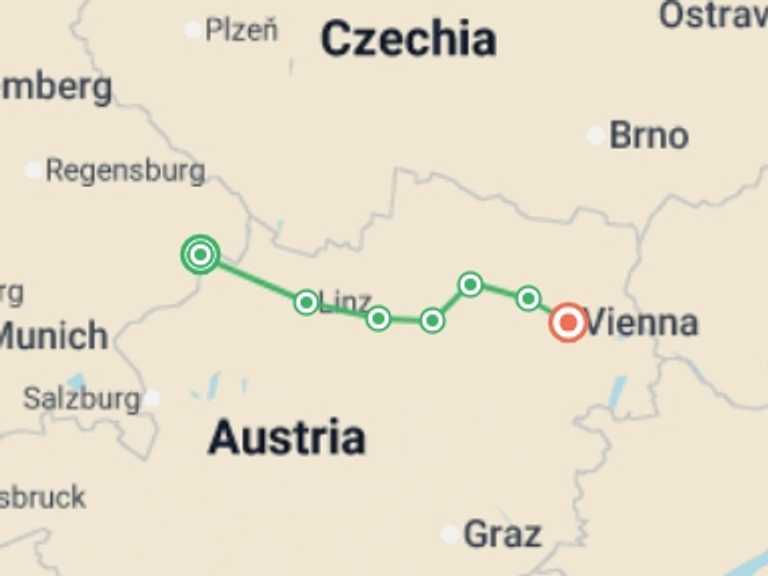 Map of Austria and Germany Tour with 7 destination visits for the trip: Cycling on the Danube from Passau to Vienna