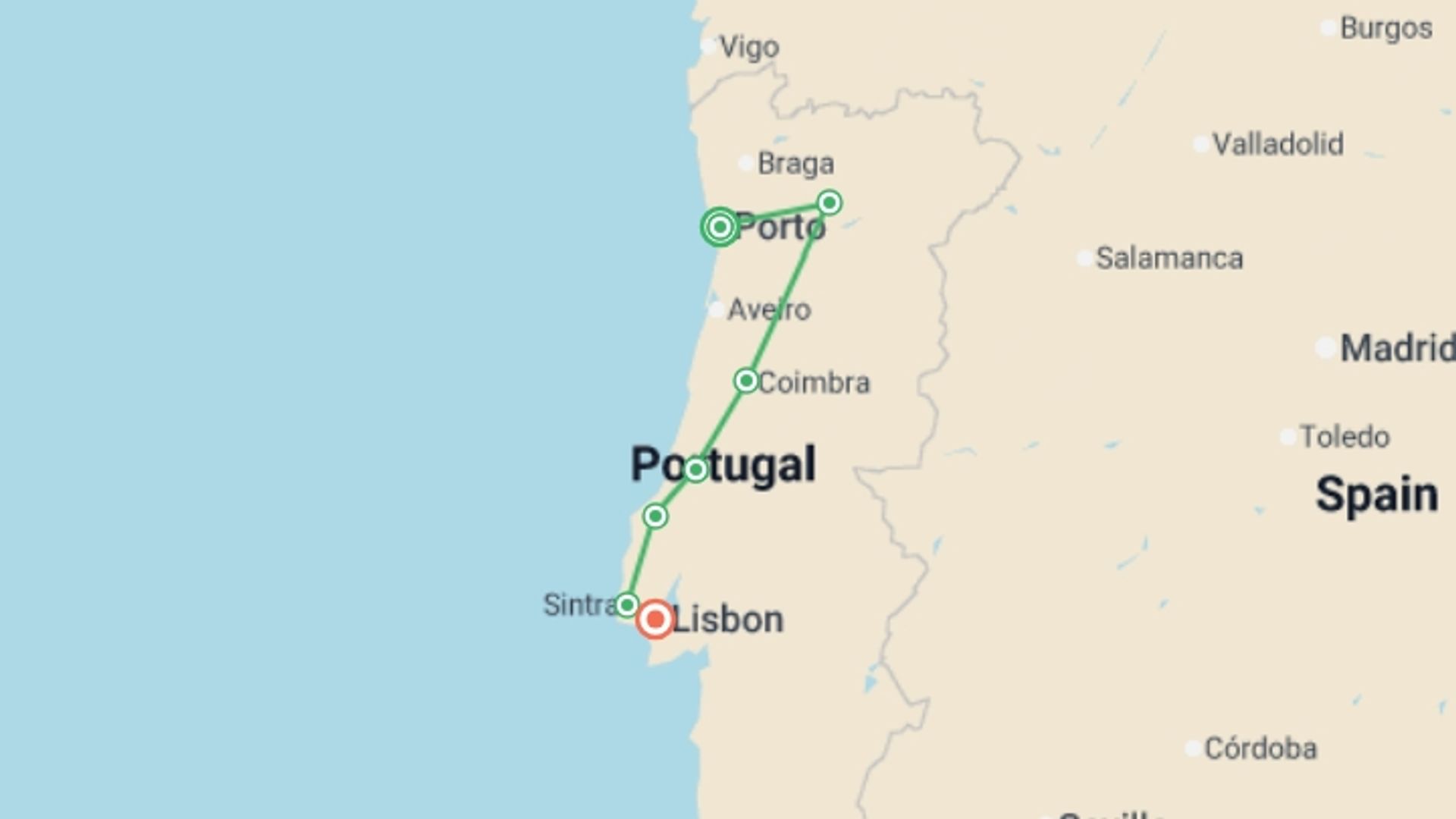 A map showing the tour itinerary for the trip: Highlights of Portugal, starting in Porto, Portugal and ending in Lisbon, Portugal going through 3 other destinations.