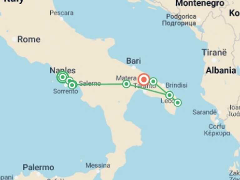 Map of Naples Beach Tour with 4 destination visits for the trip: Italy: Amalfi Coast to Puglia 