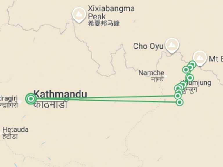 Map of 18-Day Nepal Tour with 13 destination visits for the trip: Everest Base Camp Trek - Expedition Departures