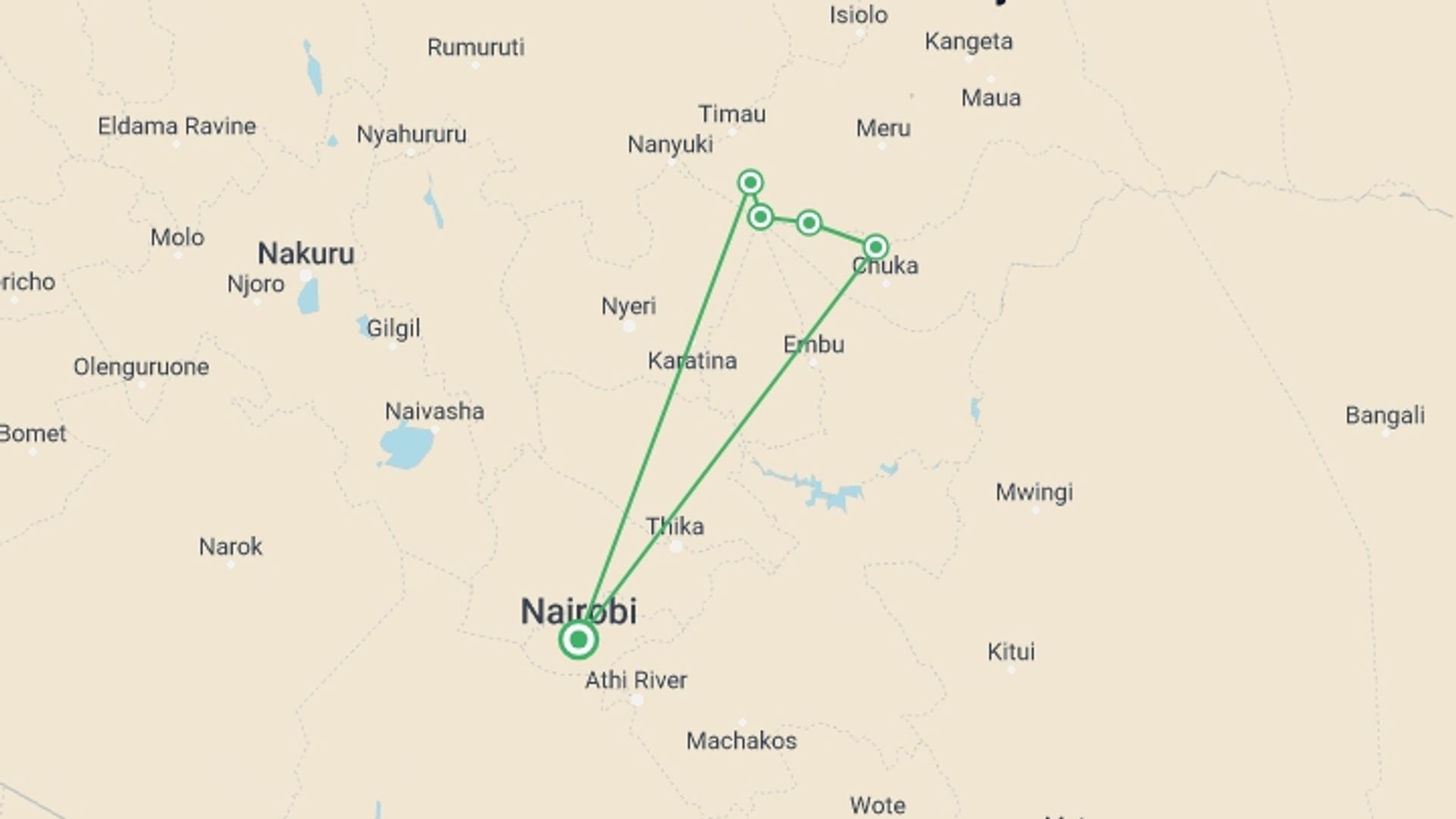 A map showing the tour itinerary for the trip: 5-day Mount Kenya trek, starting in Nairobi, Kenya and ending in Nairobi, Kenya going through 5 other destinations.