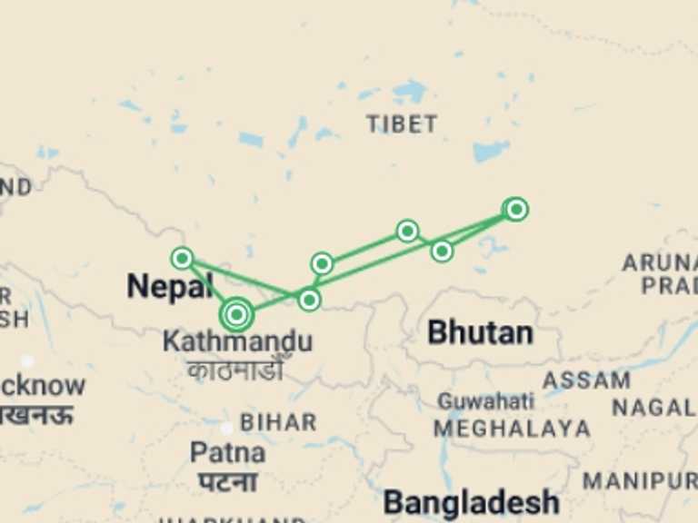 Map itinerary of China Tour in September 2026 with 7 destination visits for the trip:  Tibet Tour With Everest Base Camp: Fly In & Drive Out