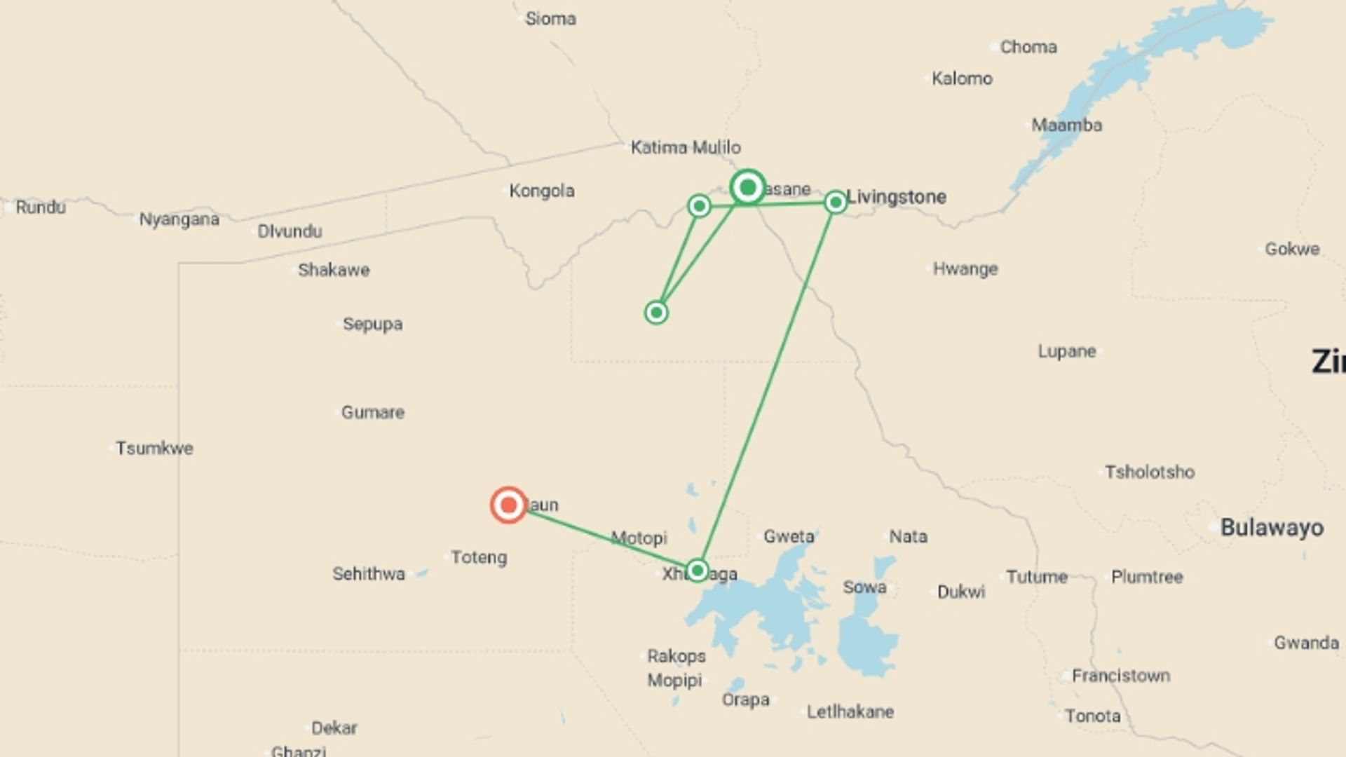 A map showing the tour itinerary for the trip: Premium Botswana, starting in Kasane, Botswana and ending in Maun, Botswana going through 4 other destinations.
