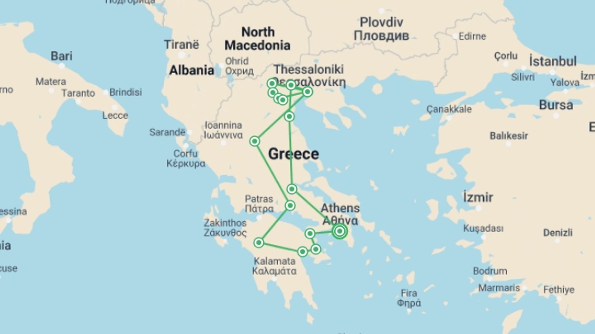 A map showing the tour itinerary for the trip: Grand Tour In Greece, starting in Athens, Greece and ending in Athens, Greece going through 4 other destinations.