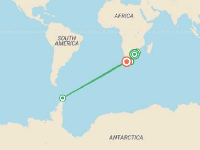Map itinerary of Africa Tour in April 2027 with 13 destination visits for the trip: South Africa Highlights