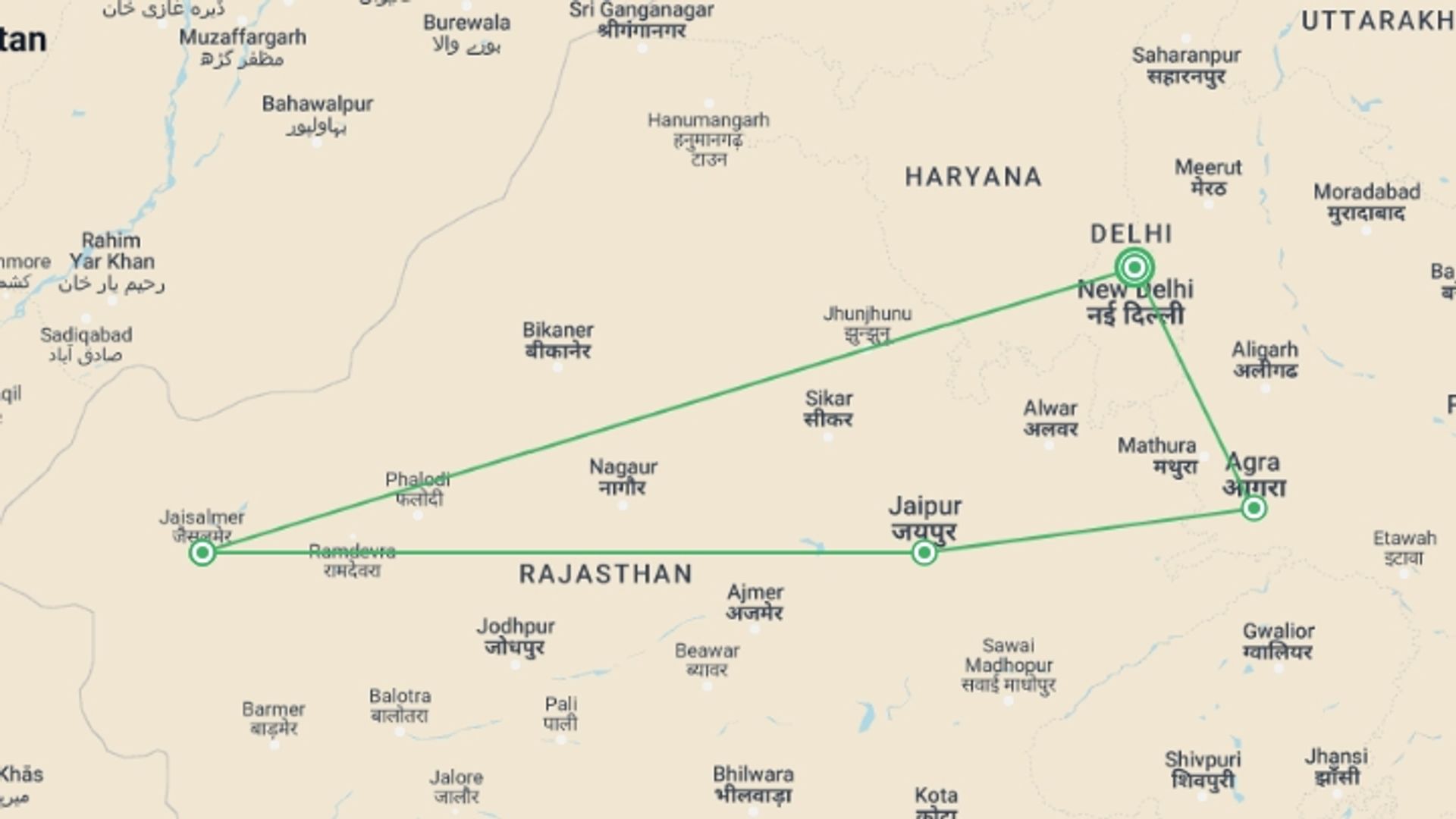 A map showing the tour itinerary for the trip: 7 Days Tour of Delhi, Agra, Jaipur & Jaisalmer, starting in New Delhi, India and ending in New Delhi, India going through 3 other destinations.