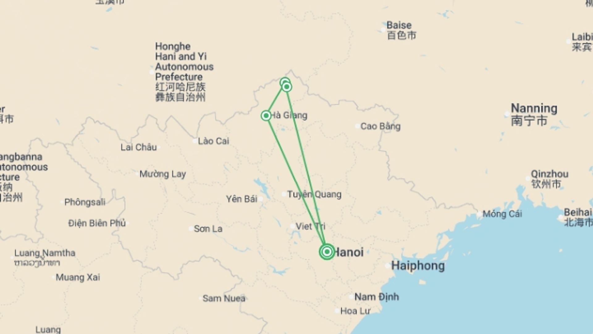 A map showing the tour itinerary for the trip: Ha Giang Loop in Northern Vietnam, starting in Hanoi, Vietnam and ending in Hanoi, Vietnam going through 2 other destinations.