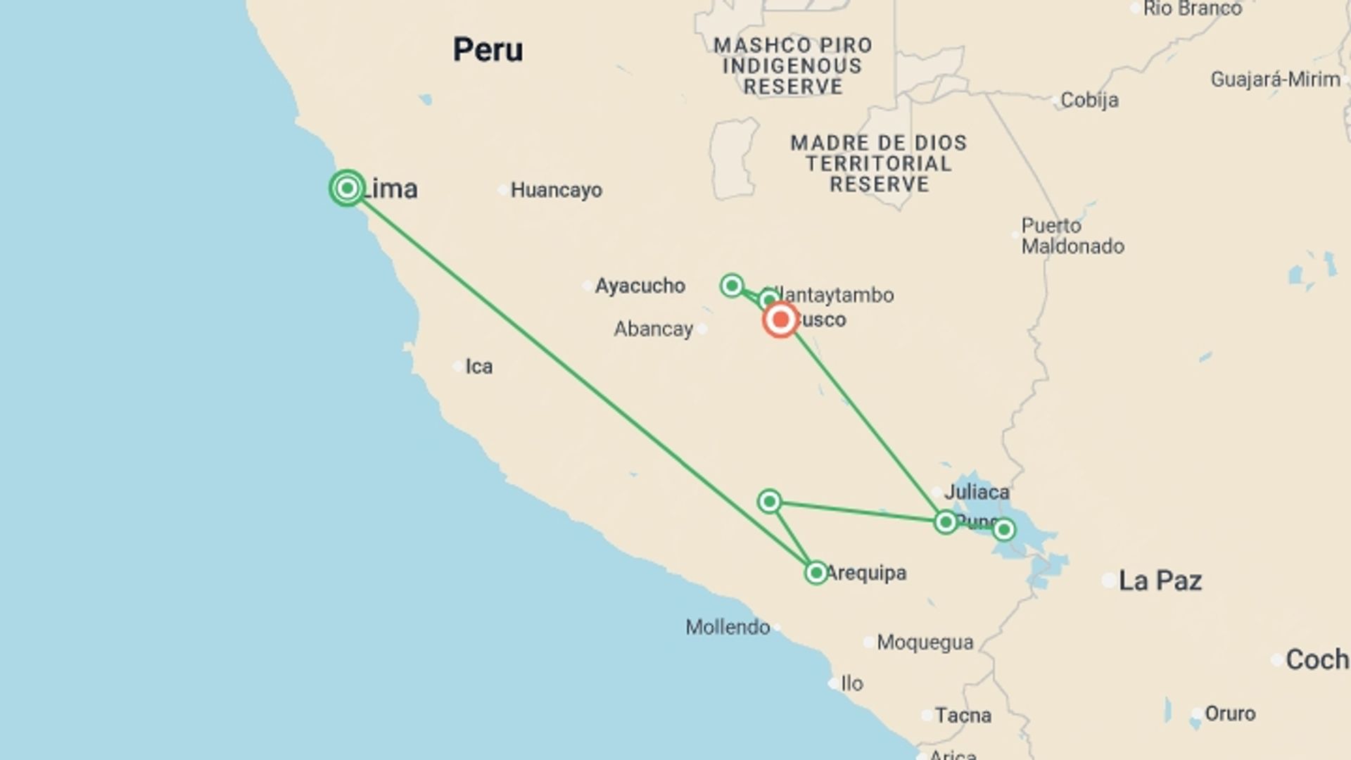 A map showing the tour itinerary for the trip: Classic Peru, starting in Lima, Peru and ending in Cusco, Peru going through 6 other destinations.