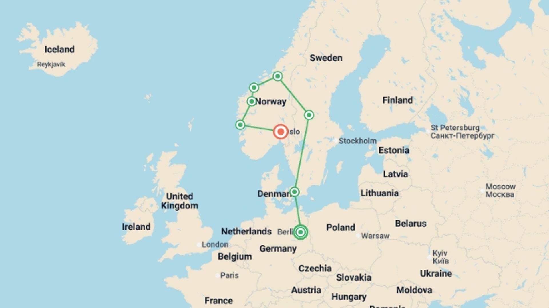A map showing the tour itinerary for the trip: Nordic Tour Start Berlin, starting in Berlin, Germany and ending in Oslo, Norway going through 6 other destinations.