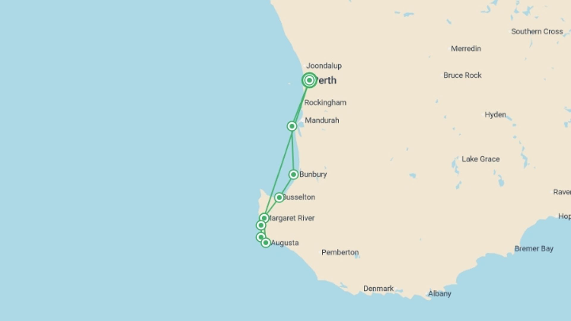 A map showing the tour itinerary for the trip: Perth to Margaret River - 3 days, starting in Perth, Australia and ending in Perth, Australia going through 1 other destinations.