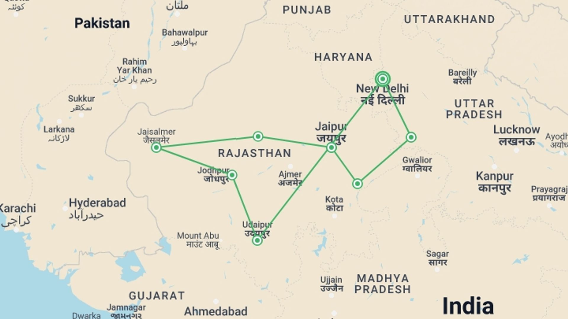 A map showing the tour itinerary for the trip: Enchanting Trip to India, starting in New Delhi, India and ending in New Delhi, India going through 8 other destinations.