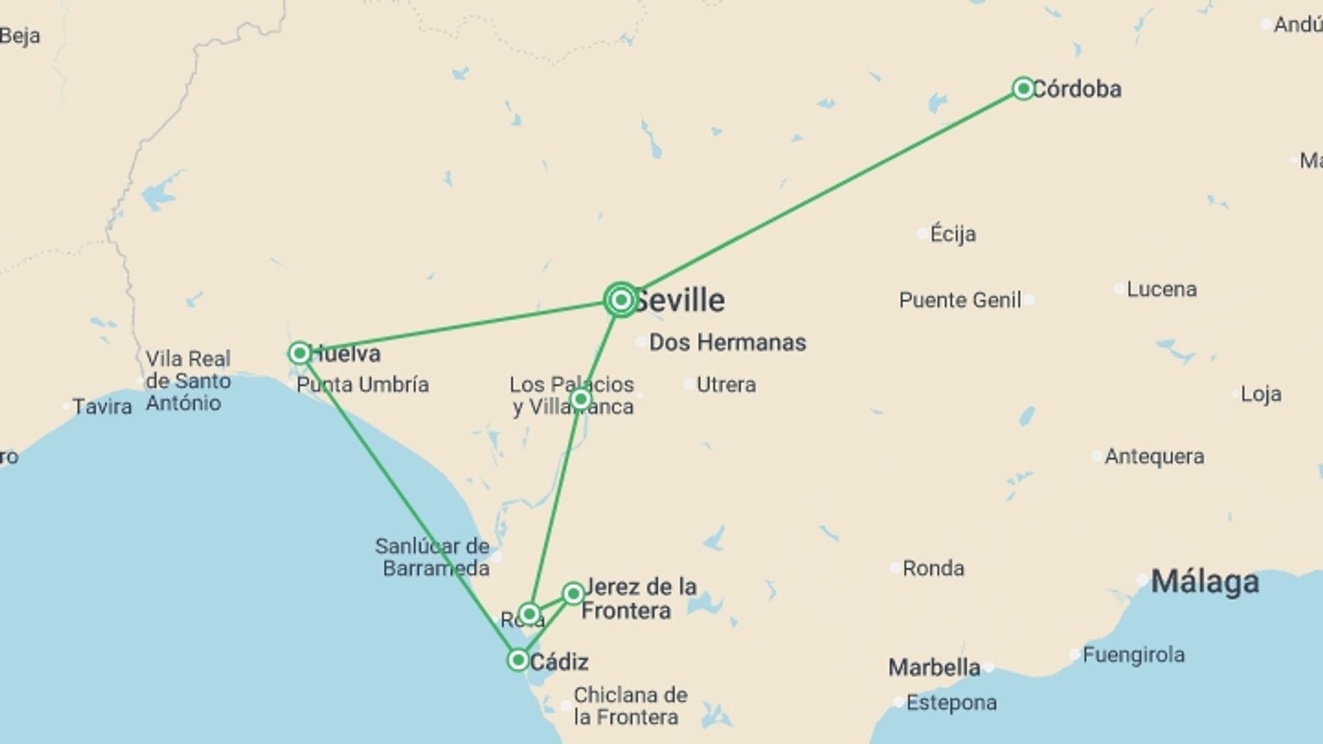 A map showing the tour itinerary for the trip: Discover Andalusia in Seville, Follow the Footsteps of Columbus in Huelva, and Fall Under the Spell of Cádiz (port-to-port cruise), starting in Seville, Spain and ending in Seville, Spain going through 4 other destinations.