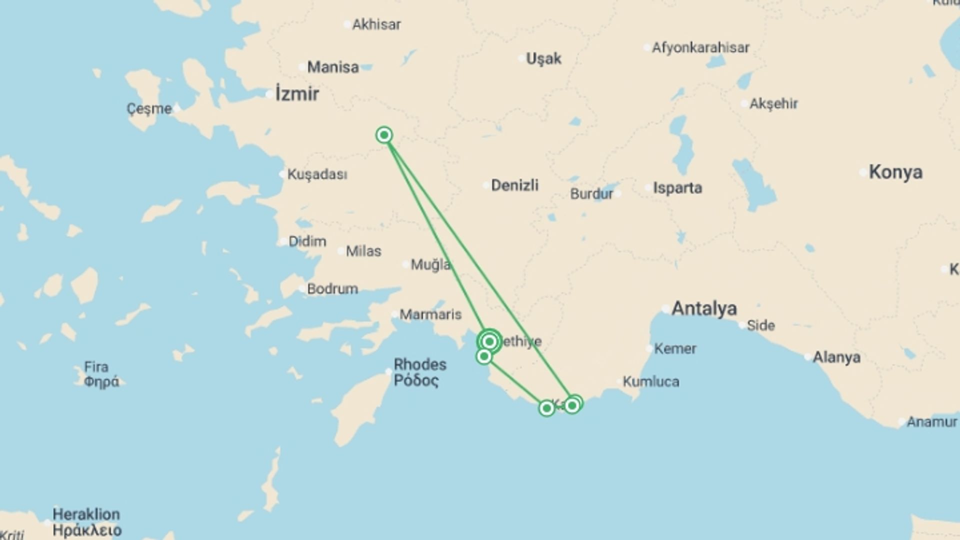 A map showing the tour itinerary for the trip: Cruise Turkey - 8 days, starting in Fethiye, Turkey and ending in Fethiye, Turkey going through 5 other destinations.