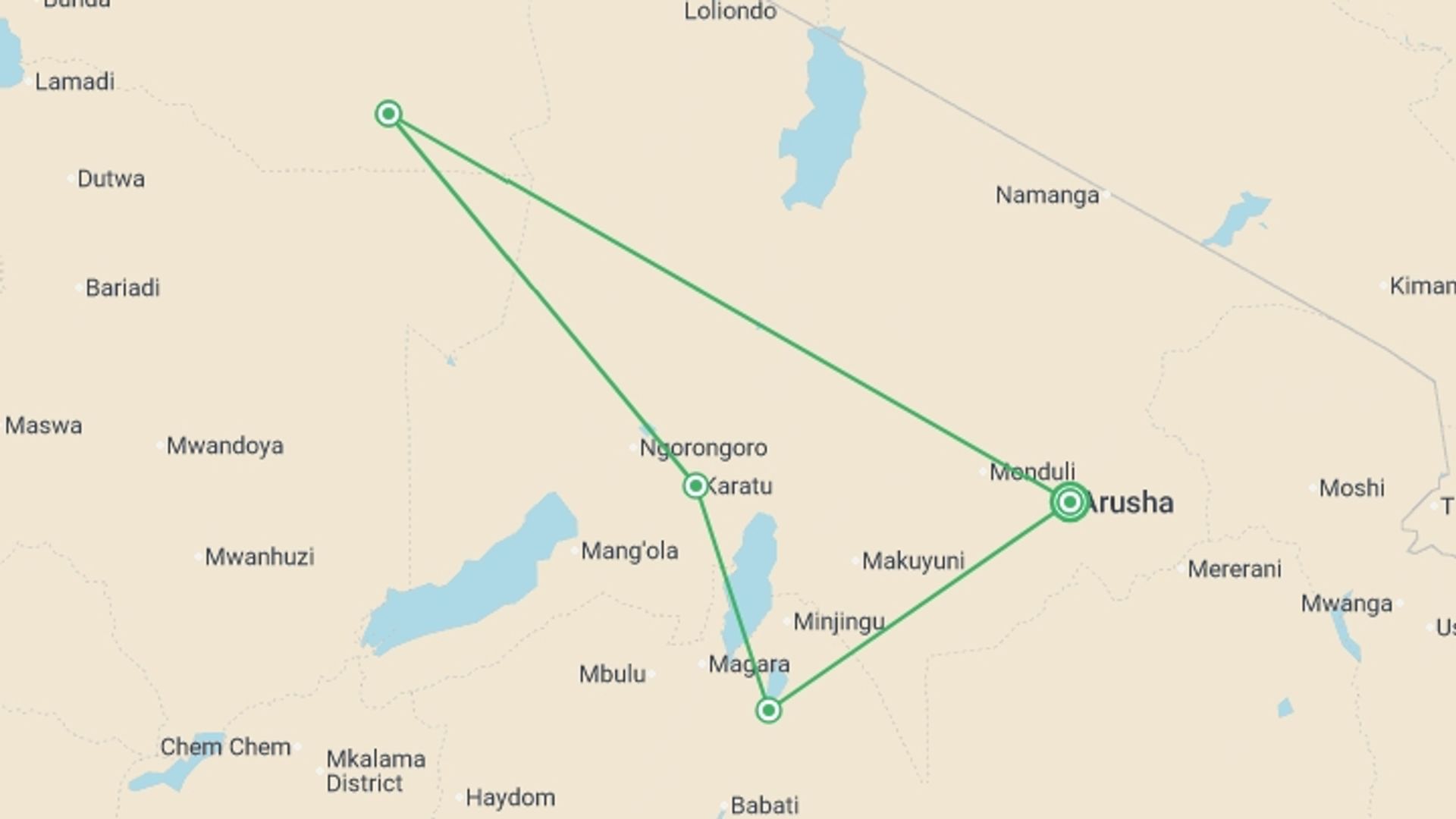 A map showing the tour itinerary for the trip: Tanzania Uncovered: Wildlife of the Serengeti & Ngorongoro Crater, starting in Arusha, Tanzania and ending in Arusha, Tanzania going through 3 other destinations.