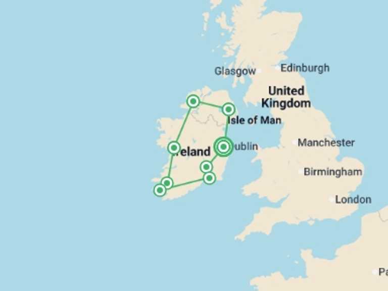 Map itinerary of Ireland Tour in August 2026 with 8 destination visits for the trip: Amazing Ireland - Signature