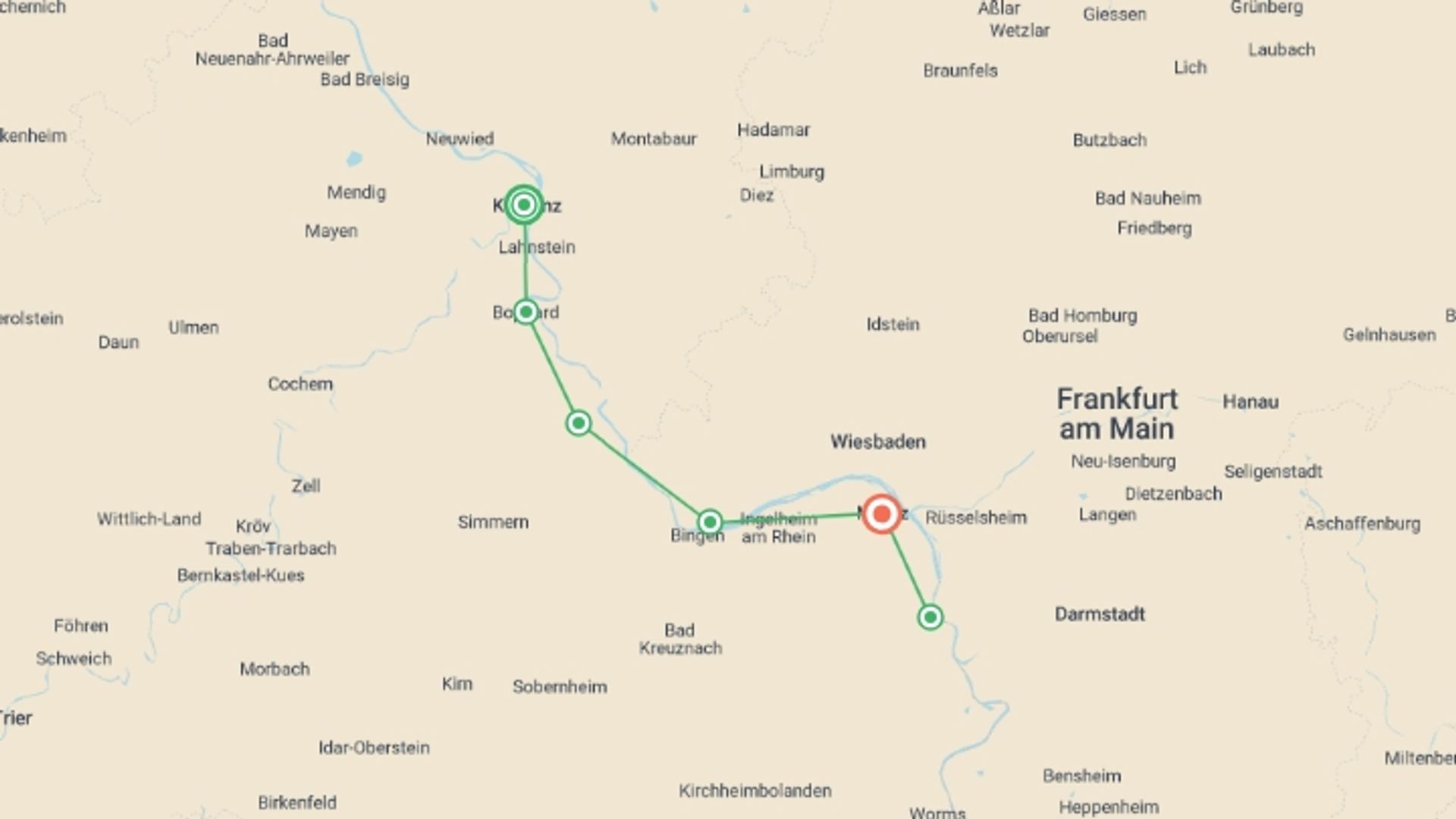 A map showing the tour itinerary for the trip: Rhine Valley Bike & Barge, starting in Koblenz, Germany and ending in Mainz, Germany going through 4 other destinations.
