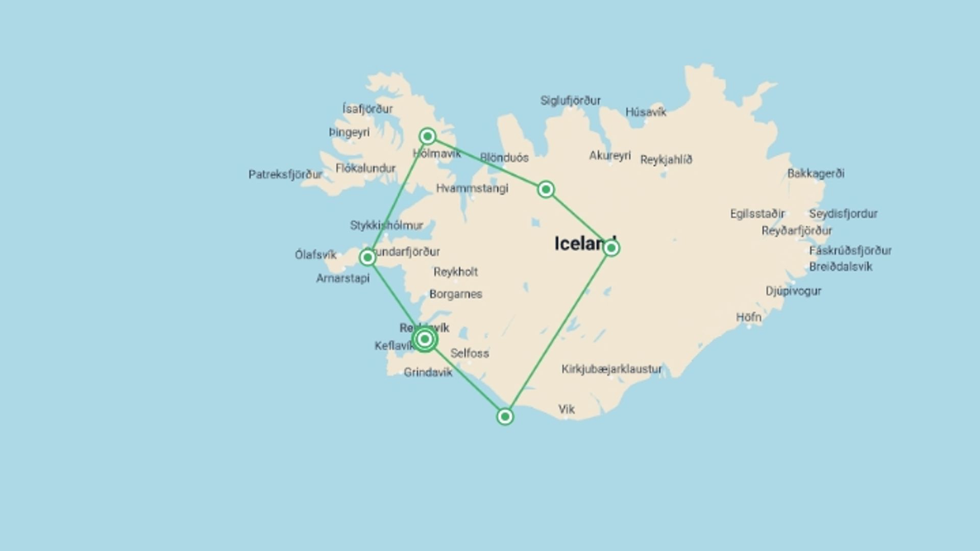 A map showing the tour itinerary for the trip: Iceland Circumnavigation: Helicopters, Glaciers and Volcanoes, starting in Reykjavik, Iceland and ending in Reykjavik, Iceland going through 5 other destinations.