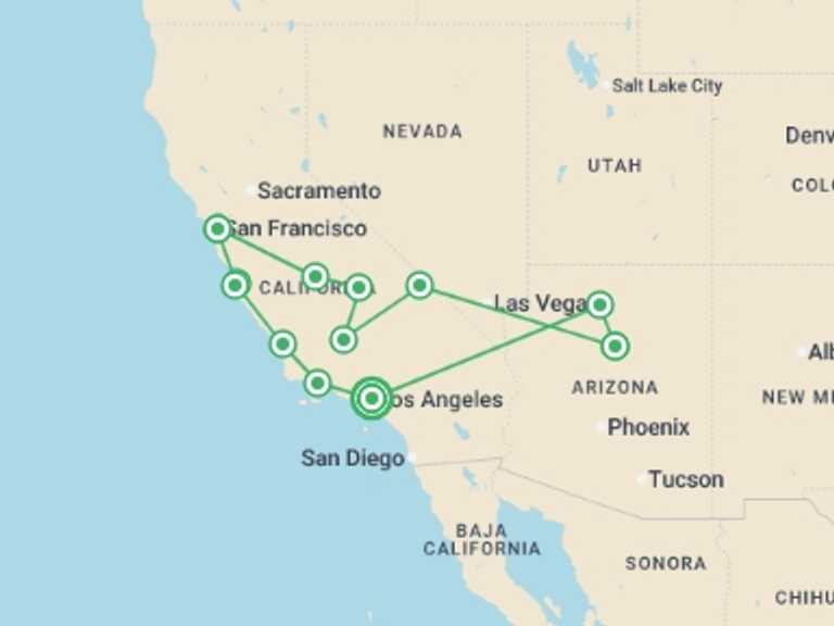 Map of a Sightseeing Tour with 6 destination visits for the trip: Dreams of the West