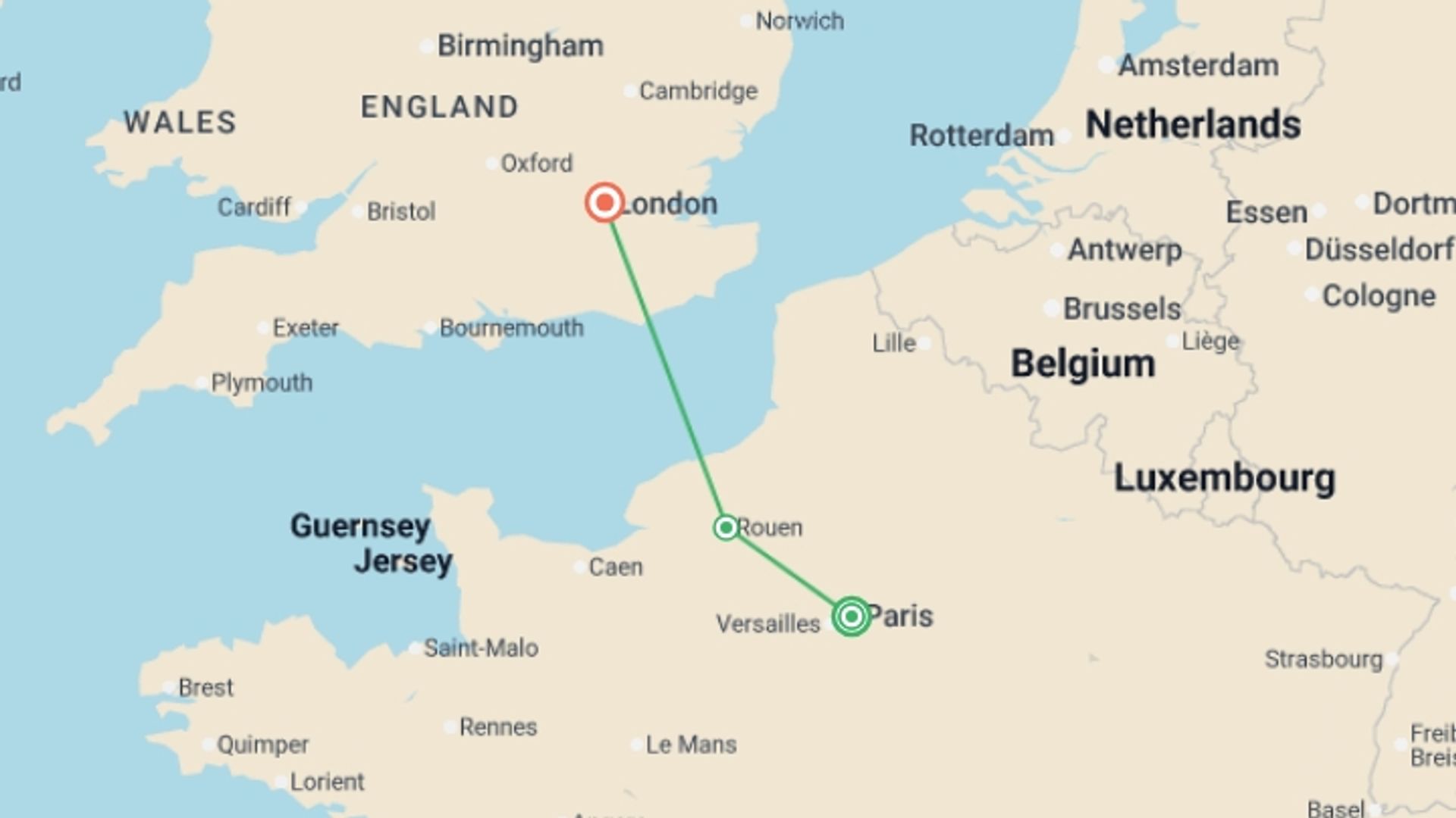 A map showing the tour itinerary for the trip: Paris and London, starting in Paris, France and ending in London, England going through 1 other destinations.