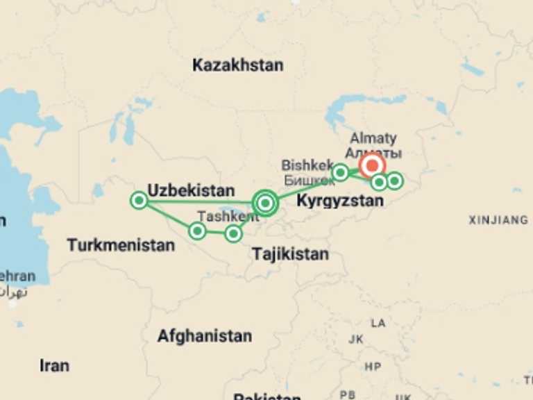 Map of Bishkek Explorer Tour with 8 destination visits for the trip: Premium Central Asia