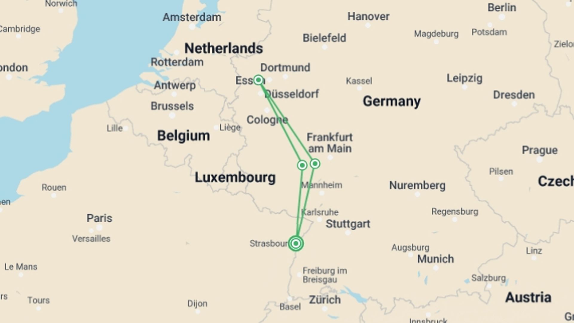 A map showing the tour itinerary for the trip: Rhine in Flames in Sankt Goarshausen - Magical Fireworks over the Water (port-to-port cruise), starting in Strasbourg, France and ending in Strasbourg, France going through 3 other destinations.